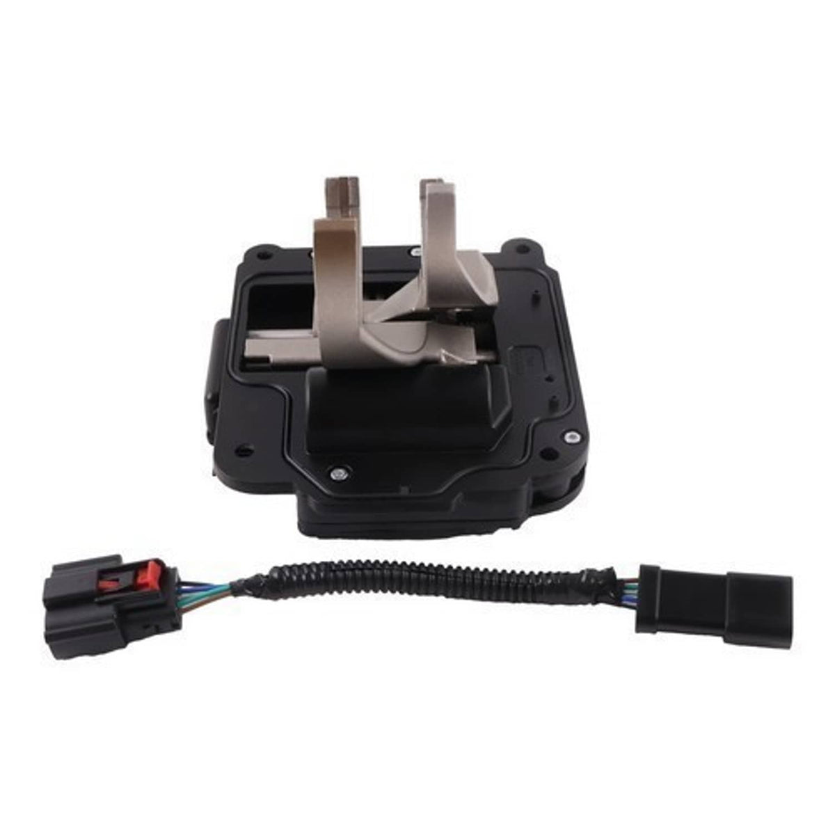 Transfer case actuator internal view with metal brackets, black housing and connector