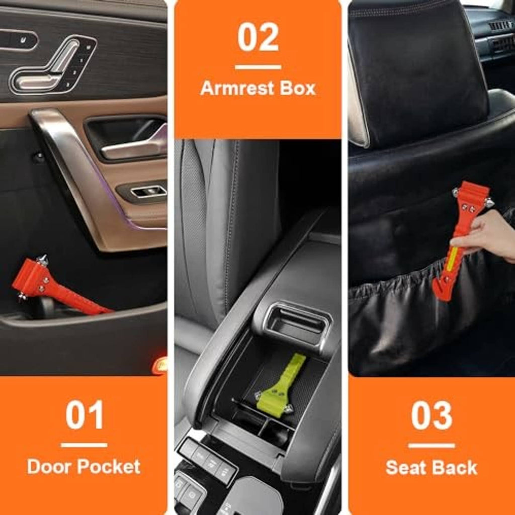 Emergency car safety hammer with red body stored in car seatback pocket