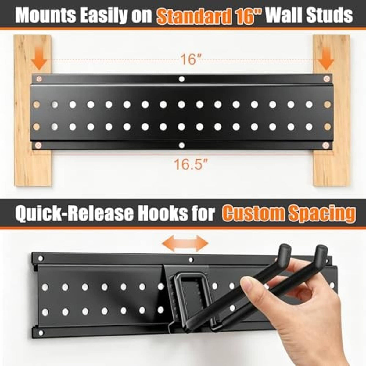 Black wall mount rail with rows of holes and quick-release hook installation