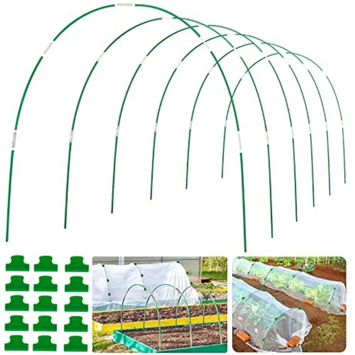 Set of green curved garden hoops for DIY tunnel, with connector pieces and clips