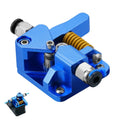 3D printer dual-gear extruder assembly with blue aluminum body and mounting hardware