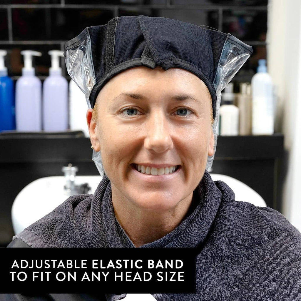 Adjustable black elastic band hair-wash funnel worn on a woman’s head