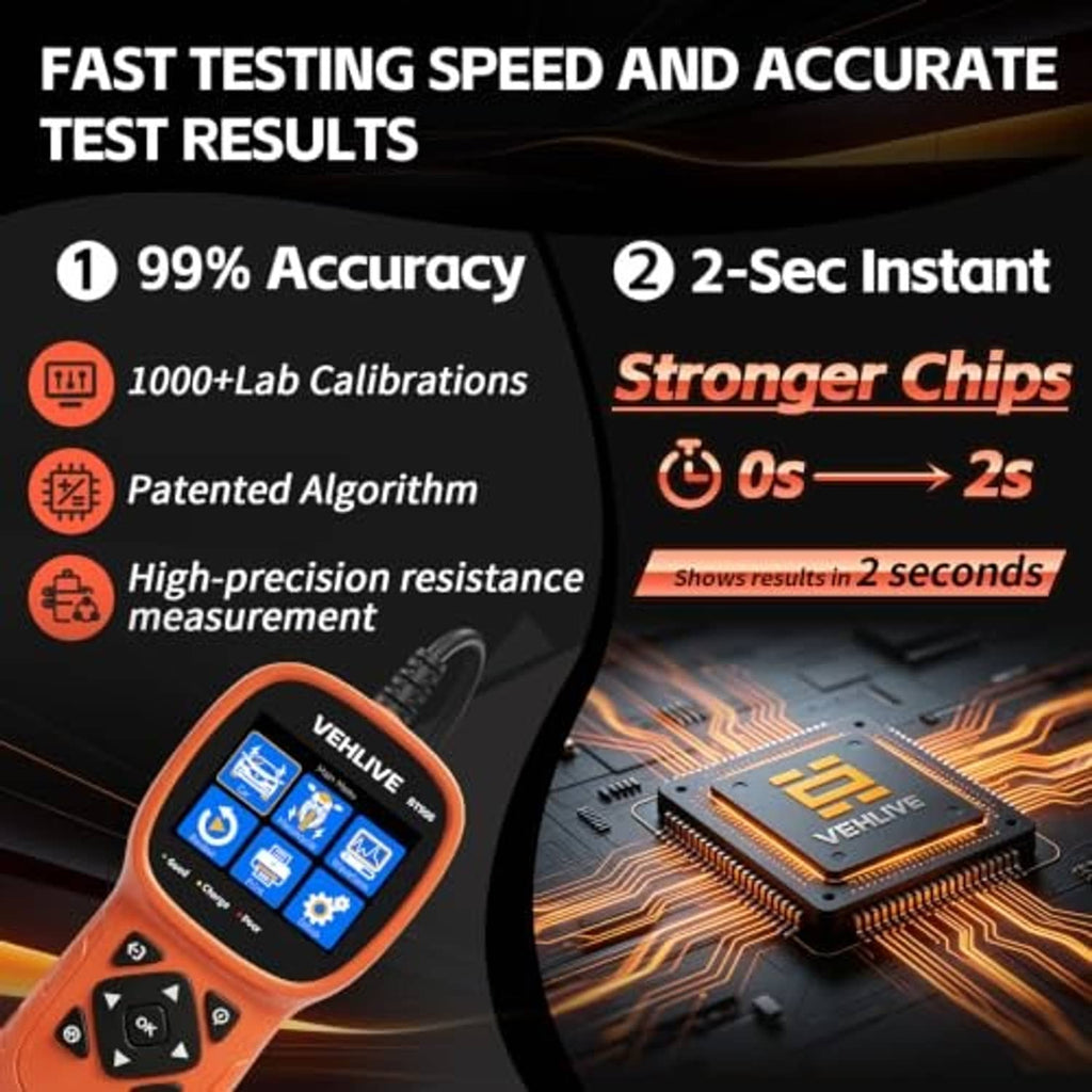 VEHILIVE BT906 battery tester close-up, orange casing showing LCD test status