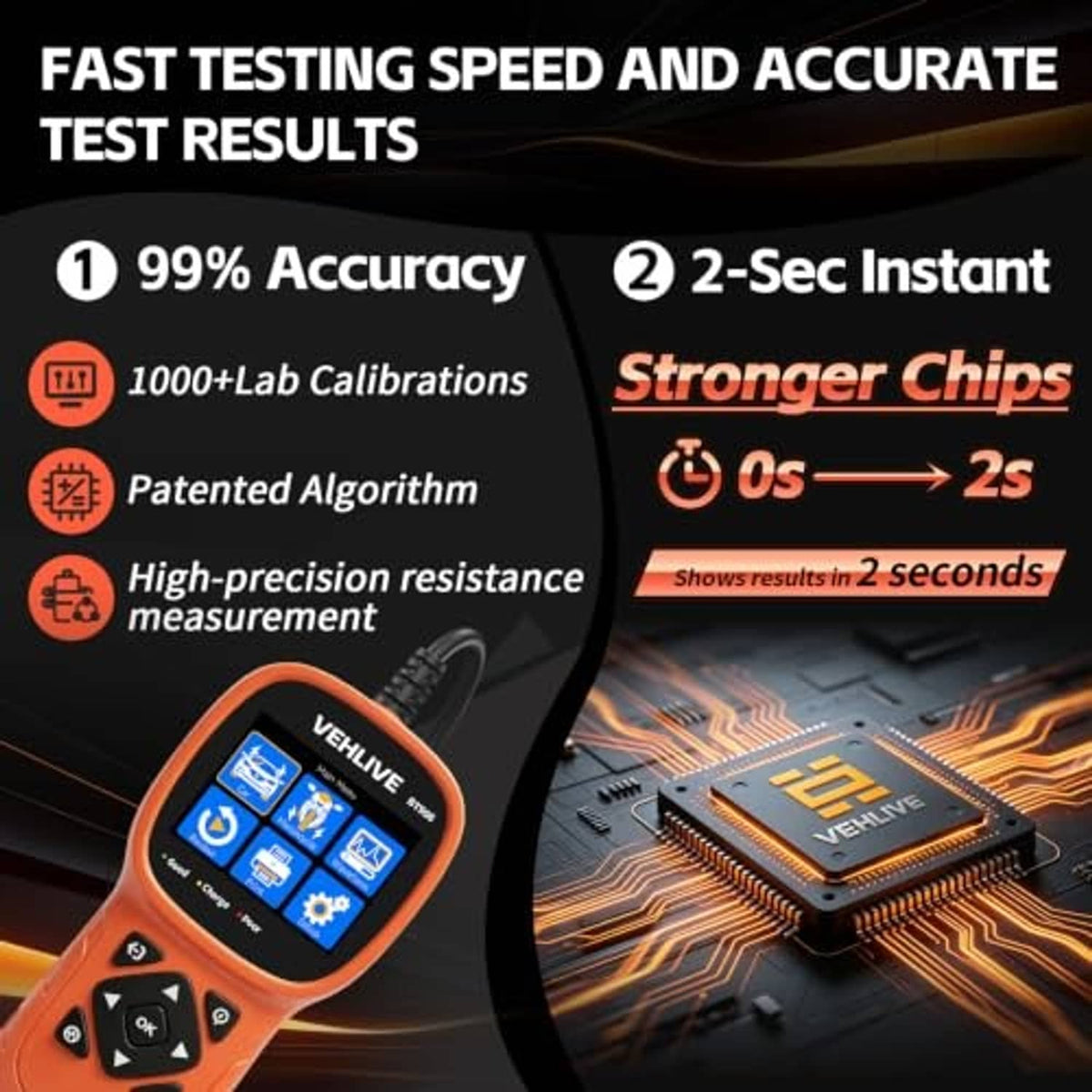 VEHILIVE BT906 battery tester close-up, orange casing showing LCD test status