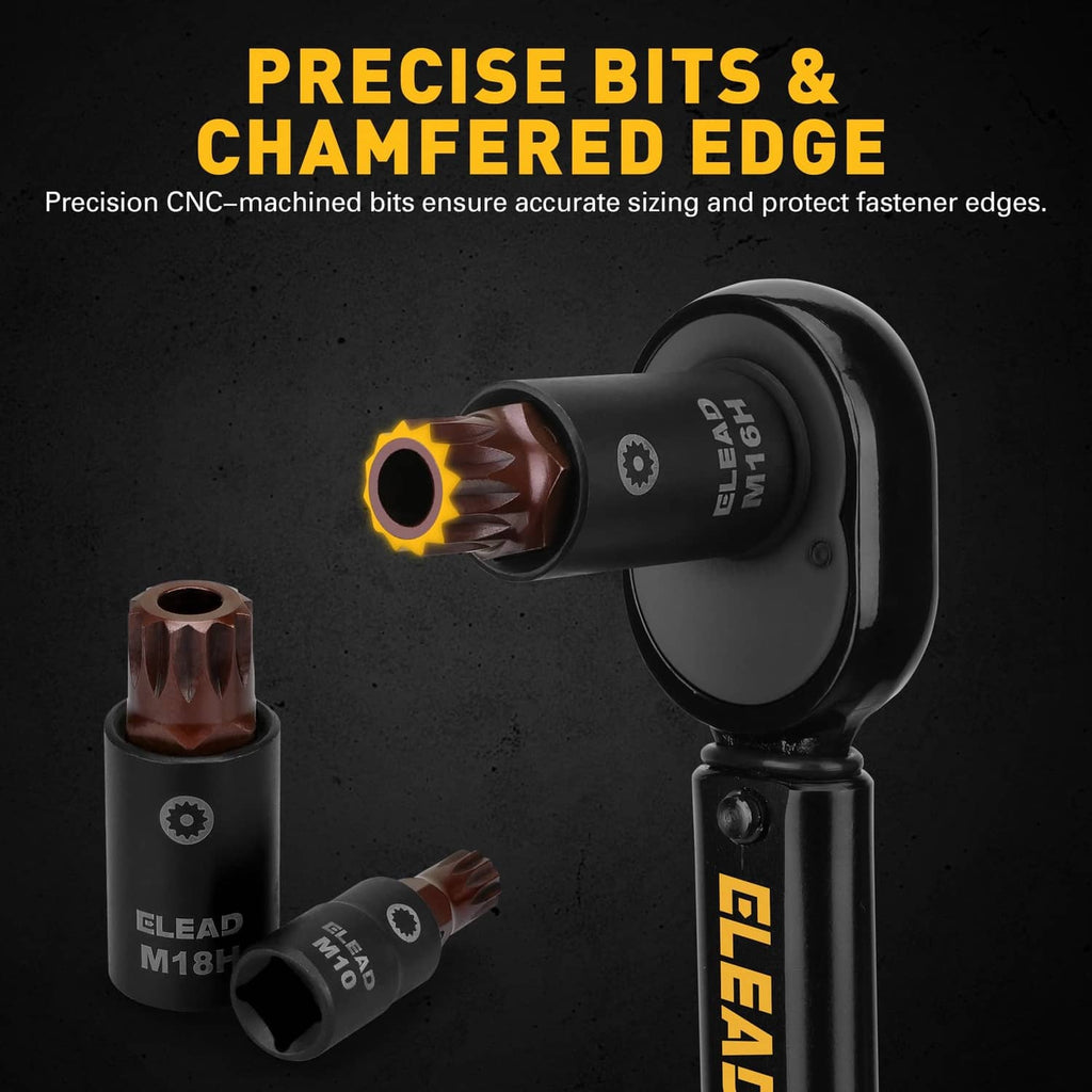 Spline bit sockets with chamfered edges, black sockets and brown bit tips