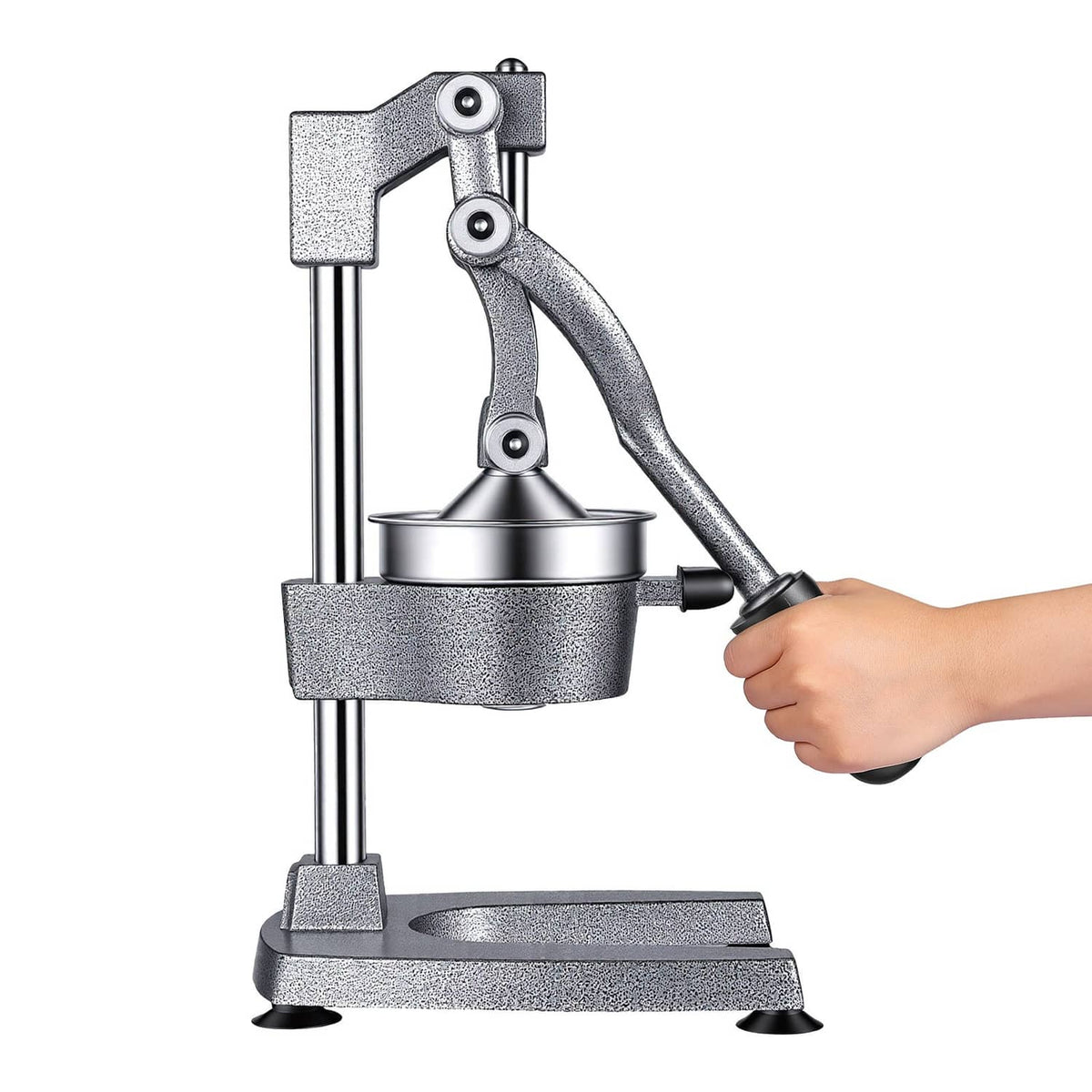 Manual citrus juicer with tall press lever and metal base, hand pressing fruit