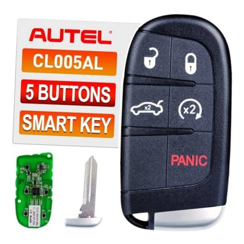 Black 5-button smart key fob with key blade and unlock, lock, trunk, and panic buttons