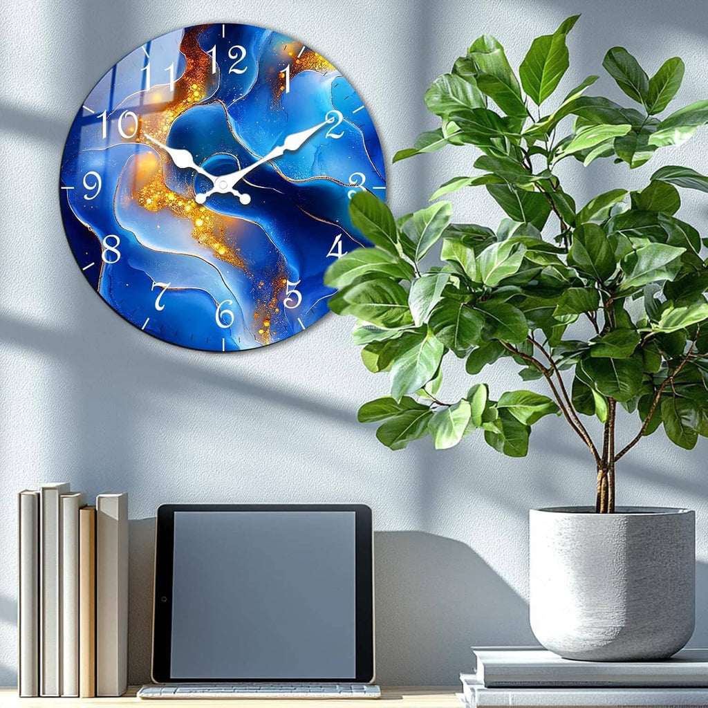 Round blue marble wall clock featuring white hands, gold accents, and clear numbered markings