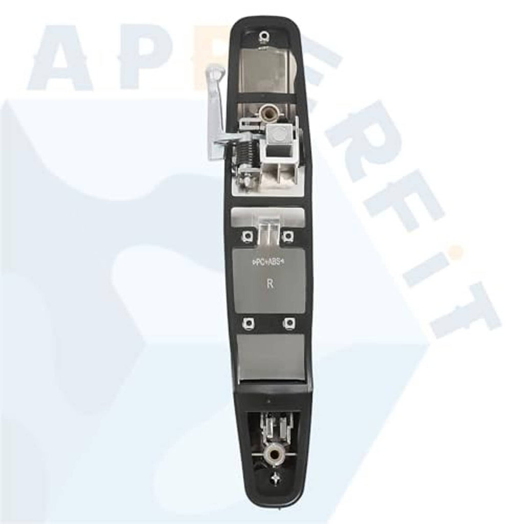 Exterior door handle backplate with black cover, screw holes, and linkage.
