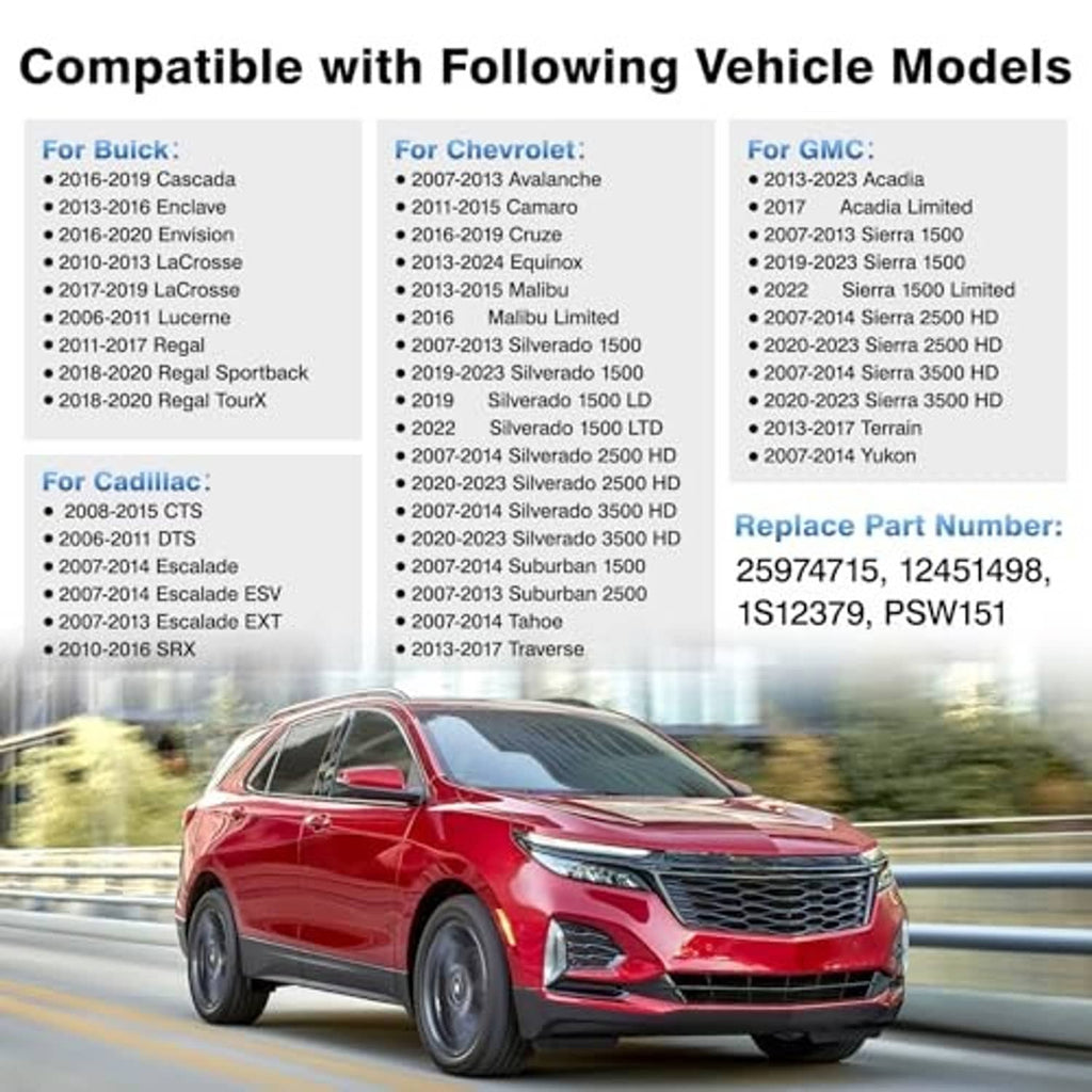 Power seat switch compatibility chart showing vehicle models and a red car