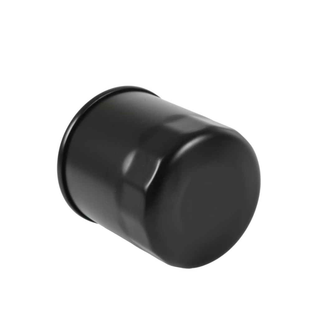 Hydraulic oil filter, side view of black cylindrical housing with end rim