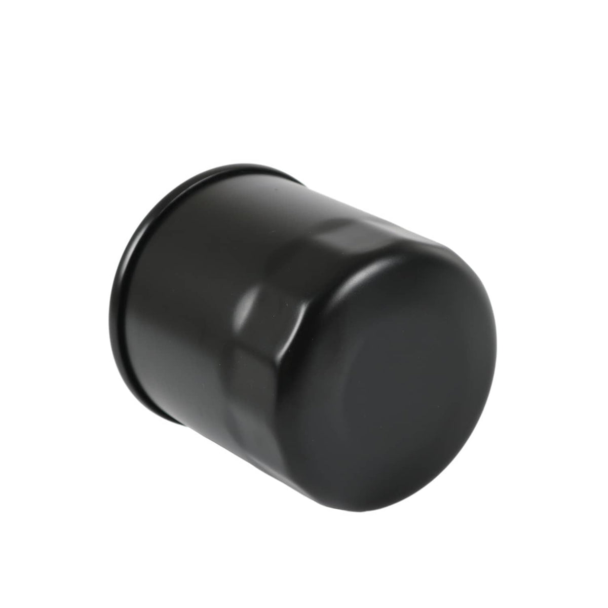 Hydraulic oil filter, side view of black cylindrical housing with end rim