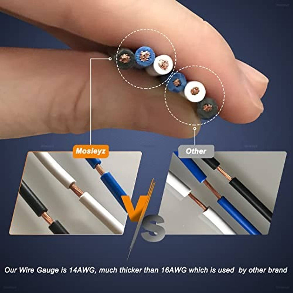 Wire gauge comparison showing thick stranded copper leads with blue-and-white insulation