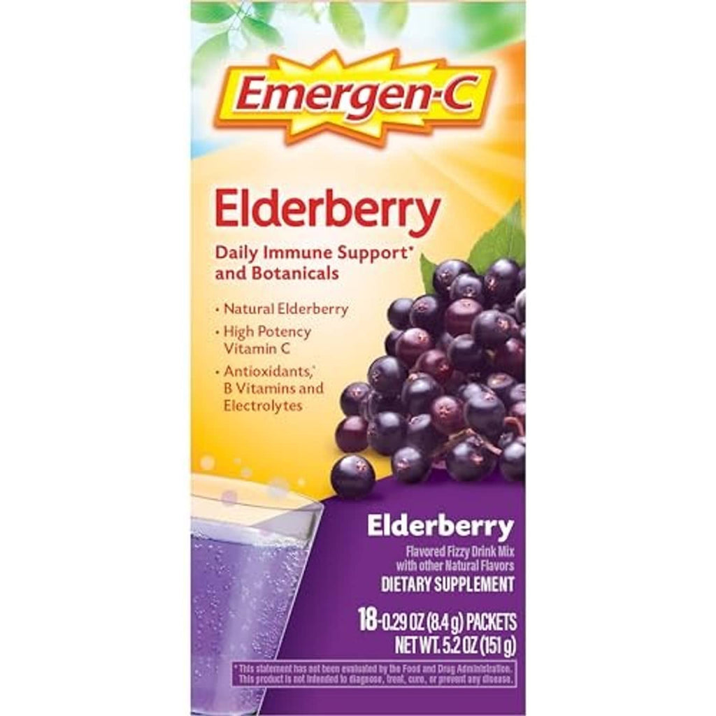Emergen-C Elderberry daily immune support box with elderberries and packet count
