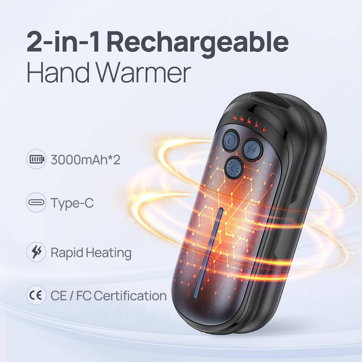 Black 2-in-1 rechargeable hand warmer with red heat display and three control icons