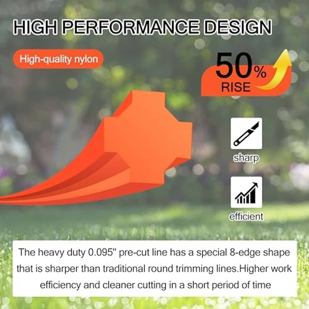 Orange 8-edge trimmer line segment shown with performance design graphic