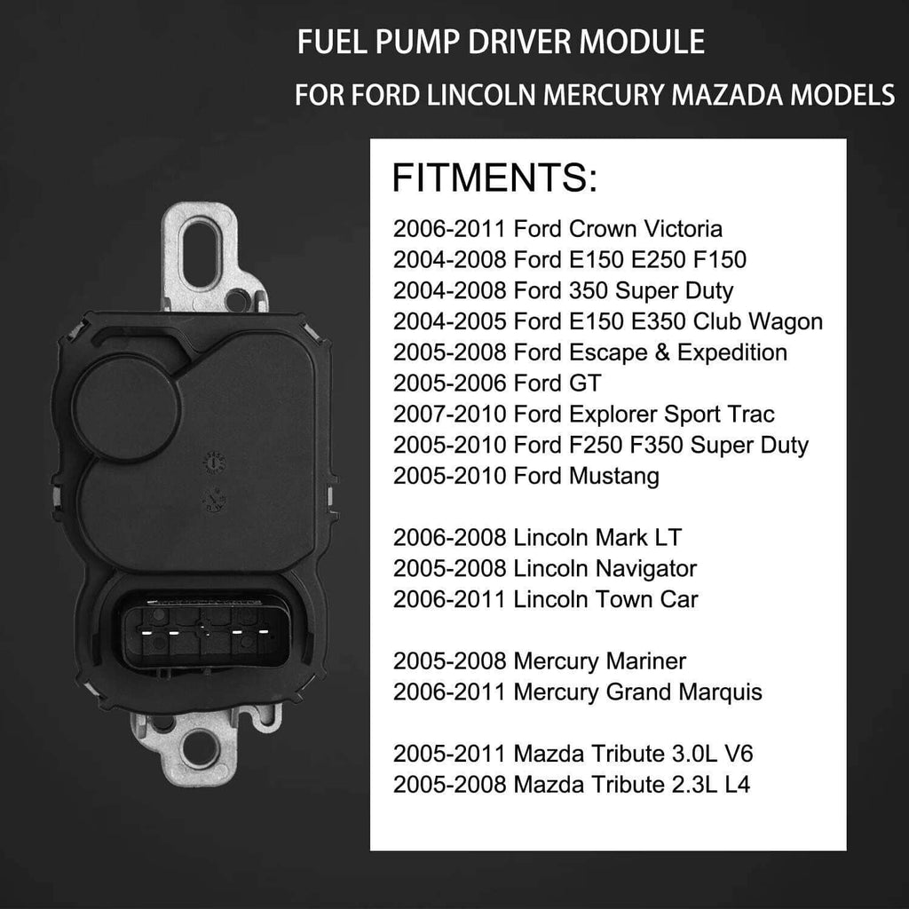 Fuel pump driver module fitment chart graphic with module outline and model list.