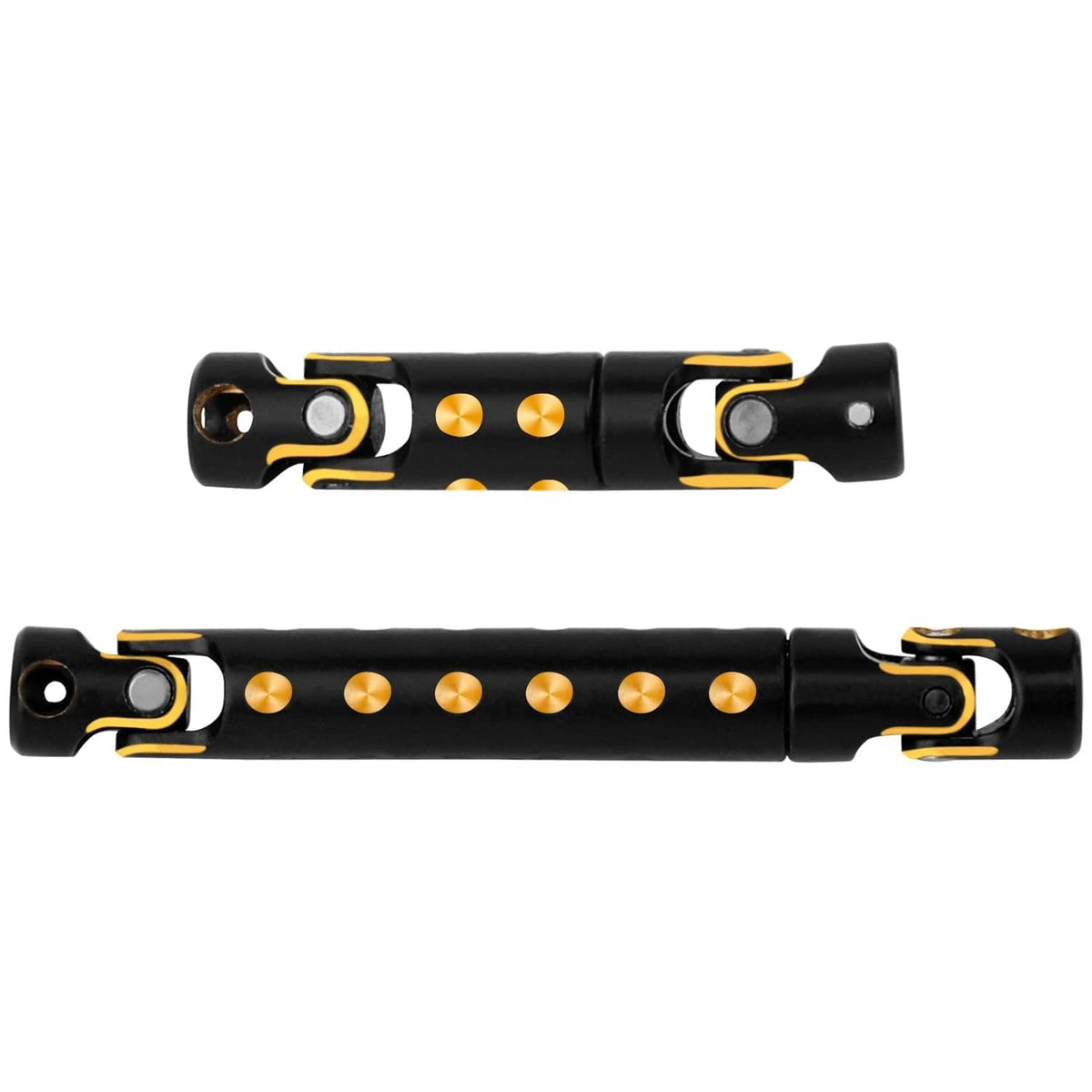 RC brass drive shaft pair with black finish and orange dot pattern, end yokes visible