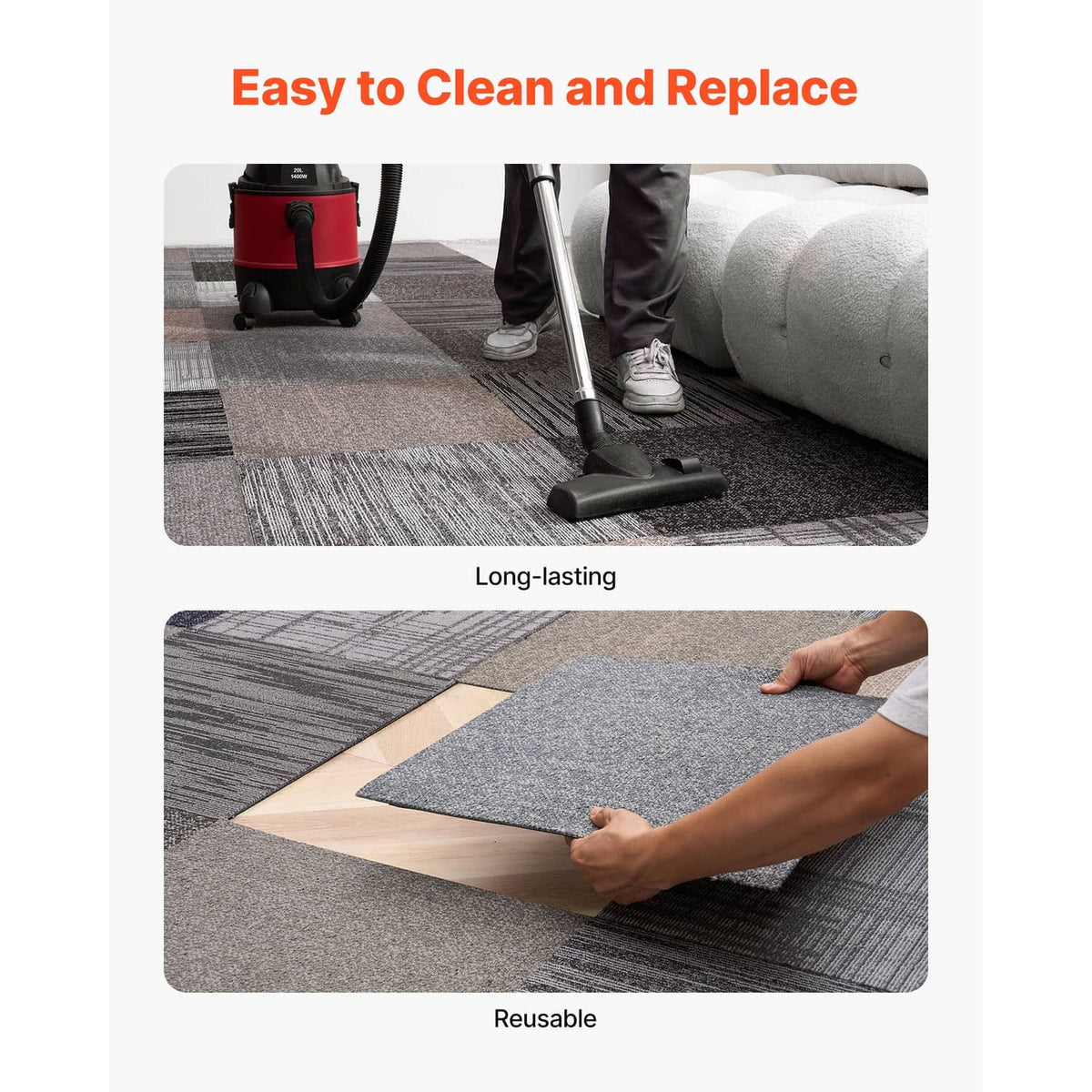 Reusable modular carpet tiles being placed and adjusted by hand