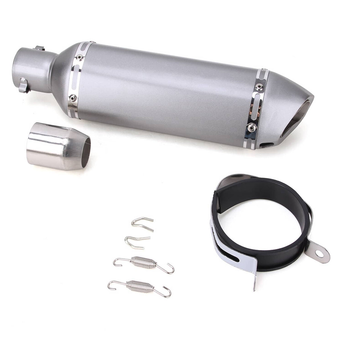Universal motorcycle exhaust muffler pipe with removable DB killer, clamp and springs