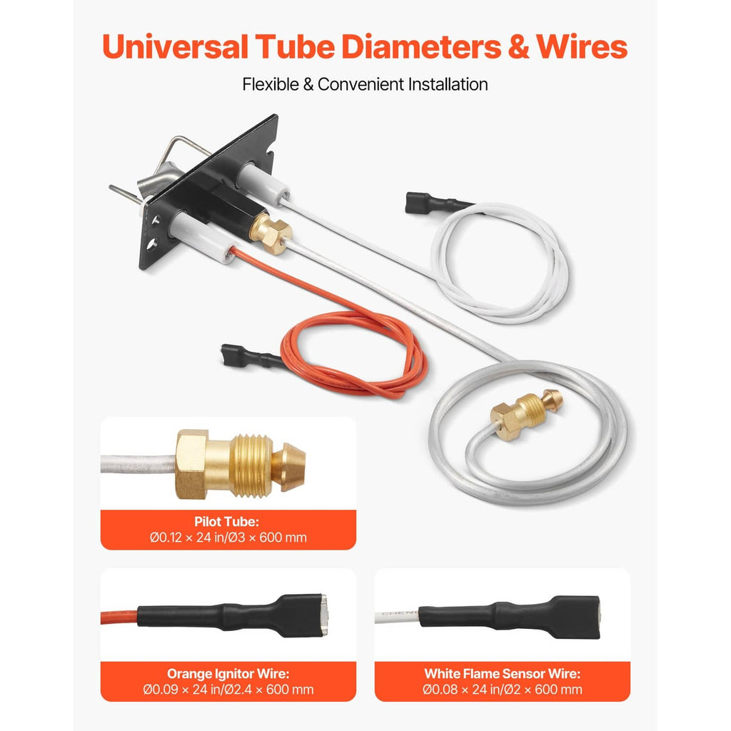 Universal tube and wire gas pilot assembly with orange and white wire leads