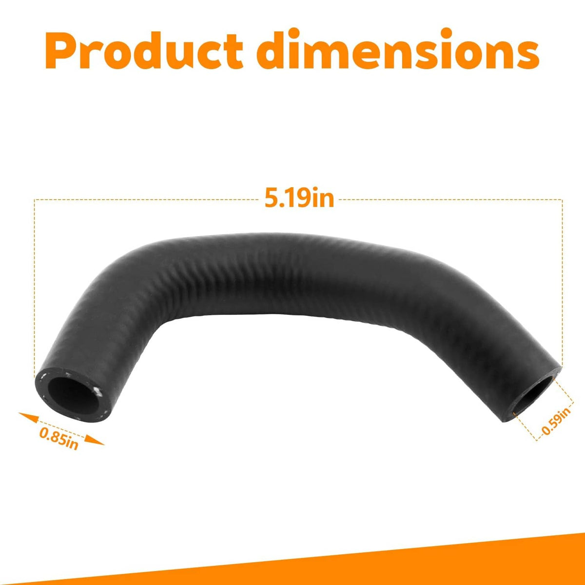 Curved black engine coolant inlet hose with circular ends, shown with dimensions