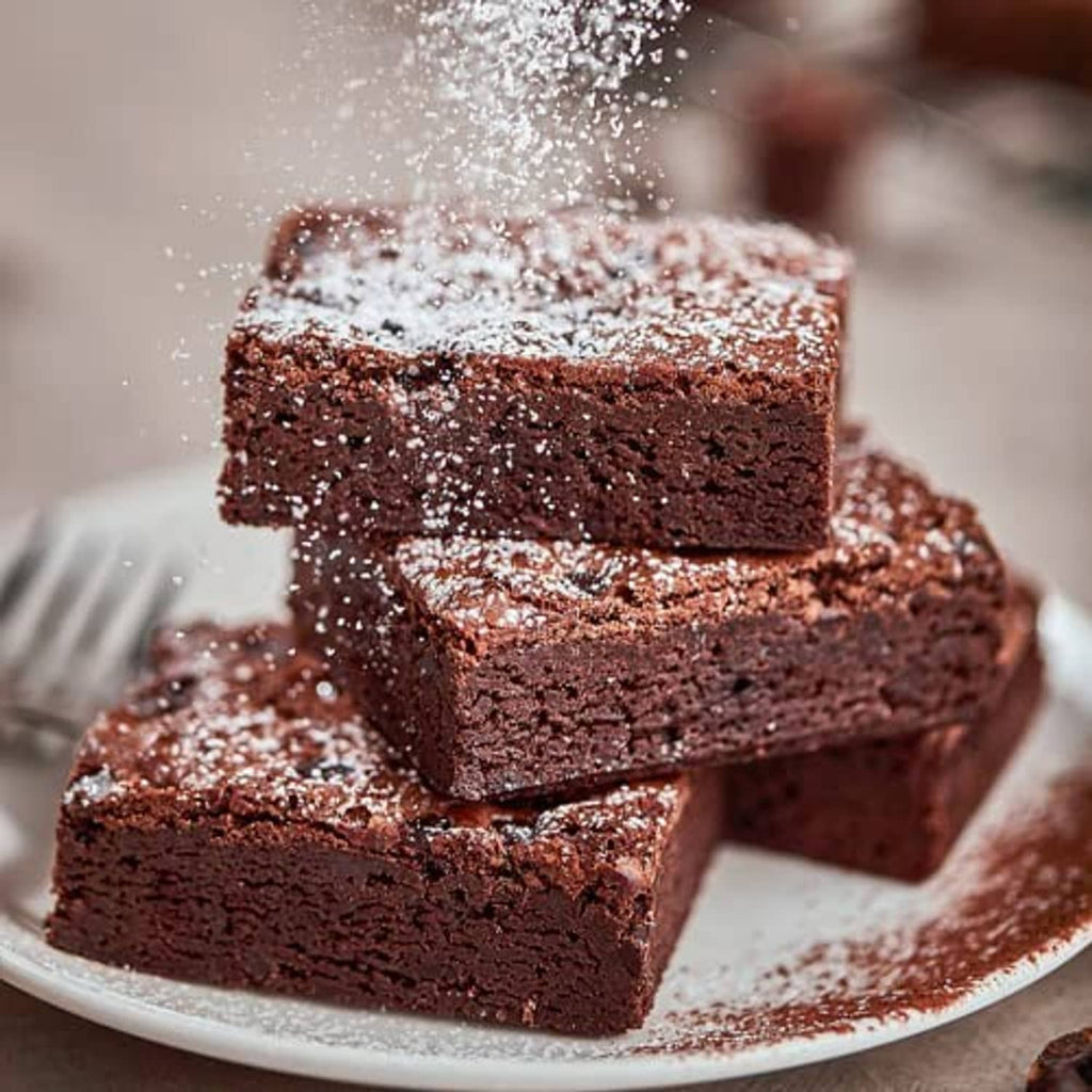 Stack of square brownies dusted with powdered sugar, baked in a silicone pan