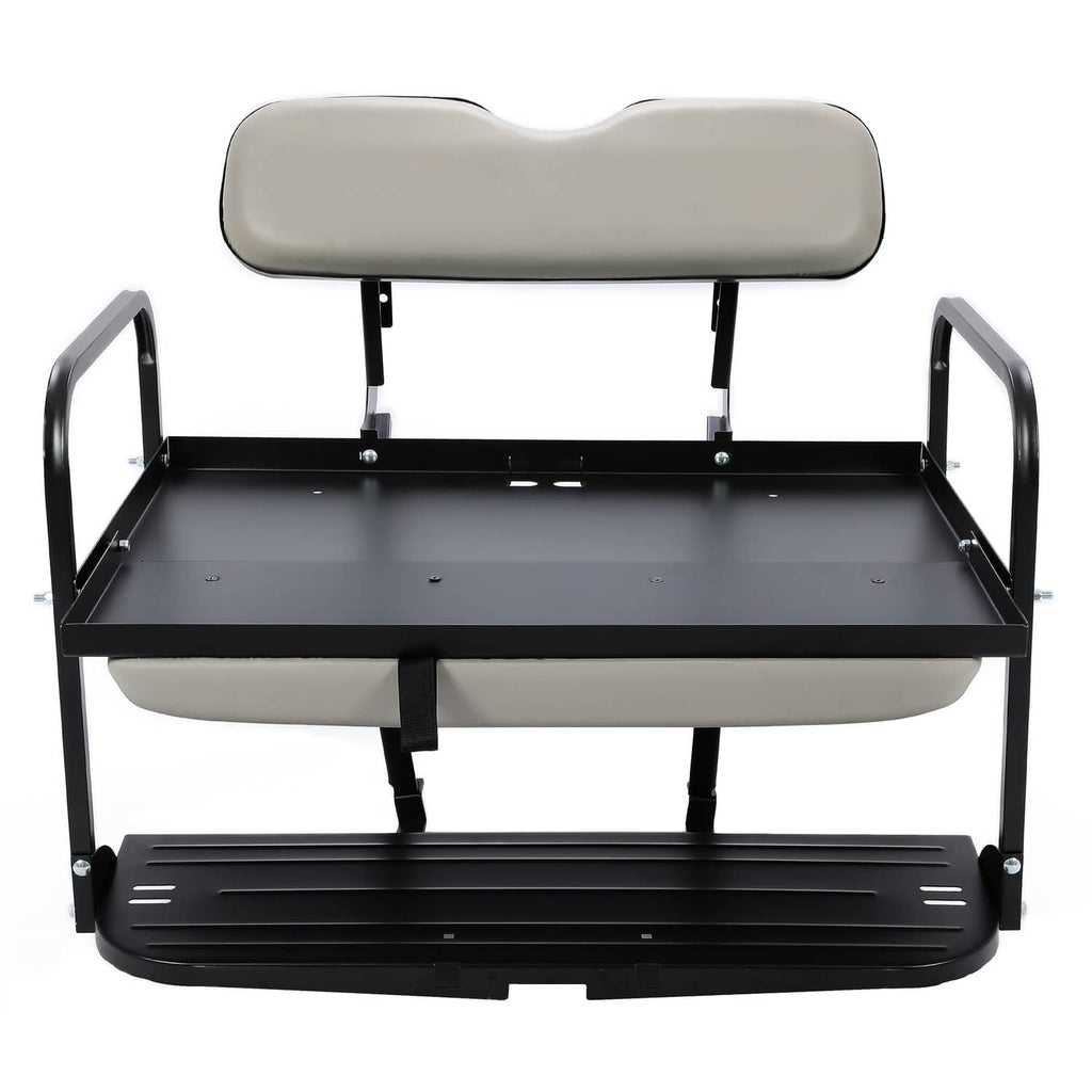 Golf cart rear flip seat kit front view with gray padded backrest and seat base