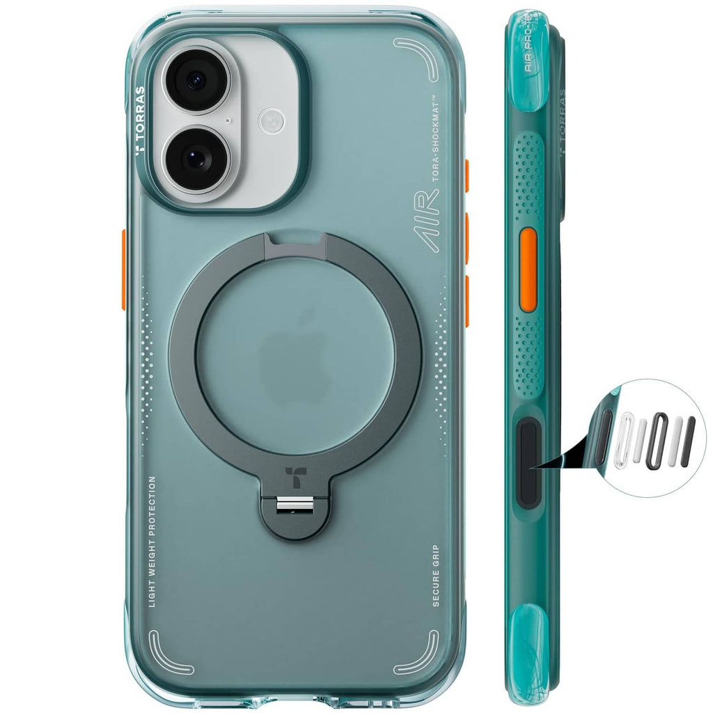 Teal iPhone 17 phone case with MagSafe-style circular stand and camera lens covers