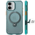 Teal iPhone 17 phone case with MagSafe-style circular stand and camera lens covers