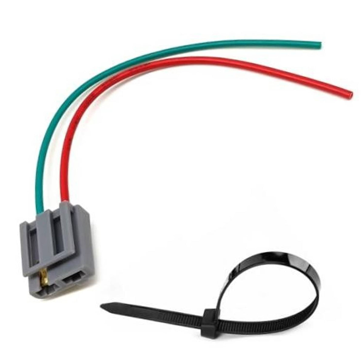 Distributor pigtail wire harness with gray plug, red and green wires, black zip tie