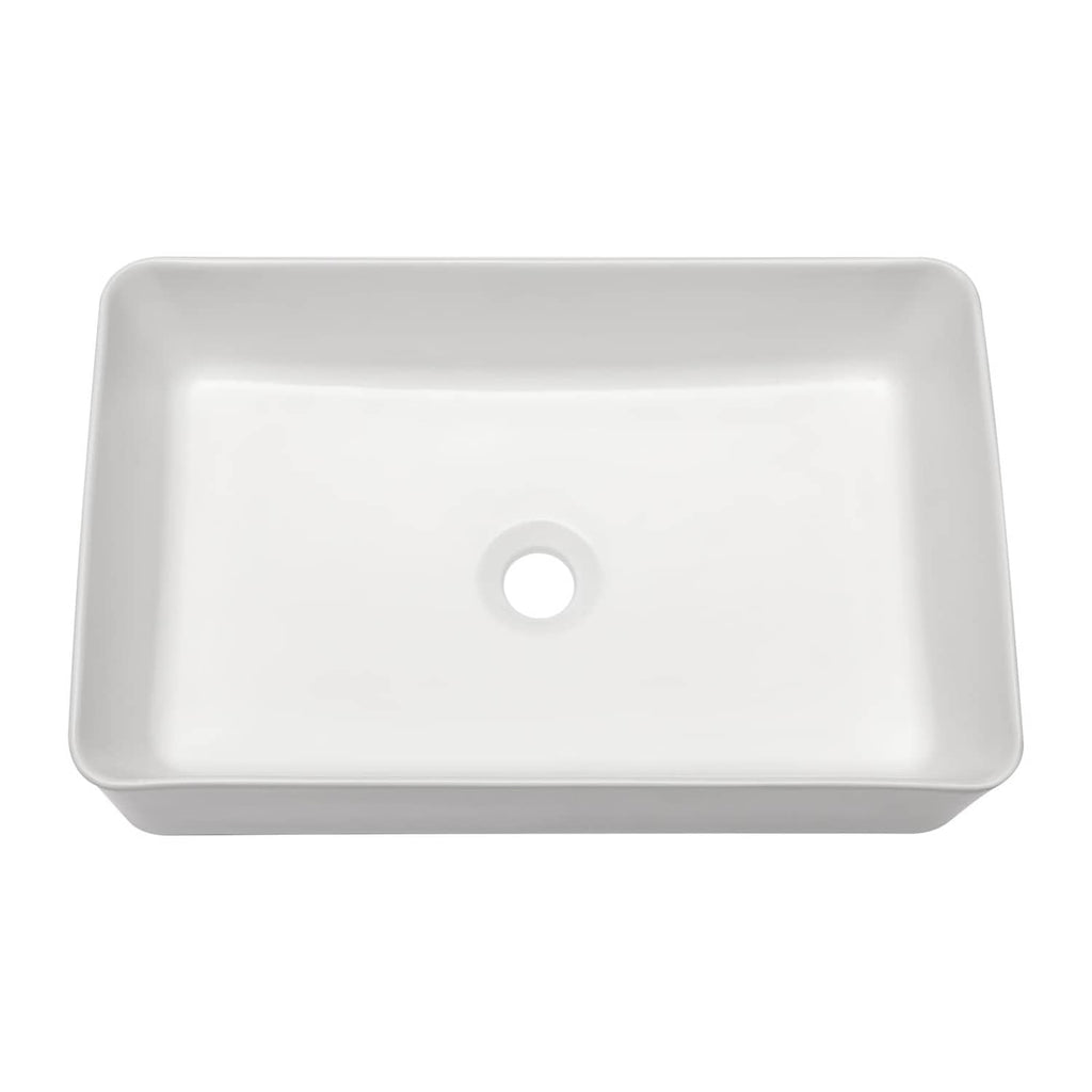 White rectangular vessel sink with single drain hole, smooth glossy finish