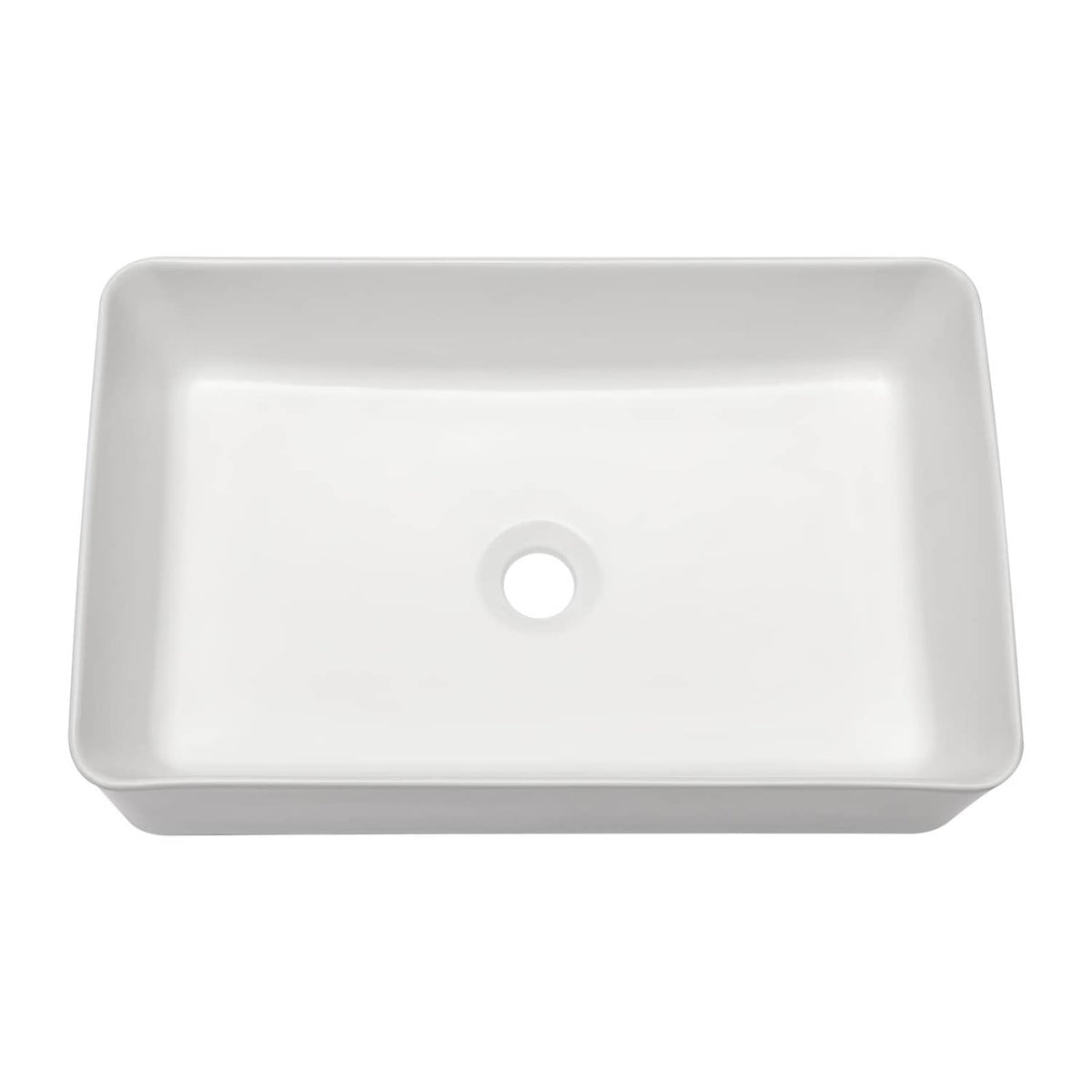 White rectangular vessel sink with single drain hole, smooth glossy finish