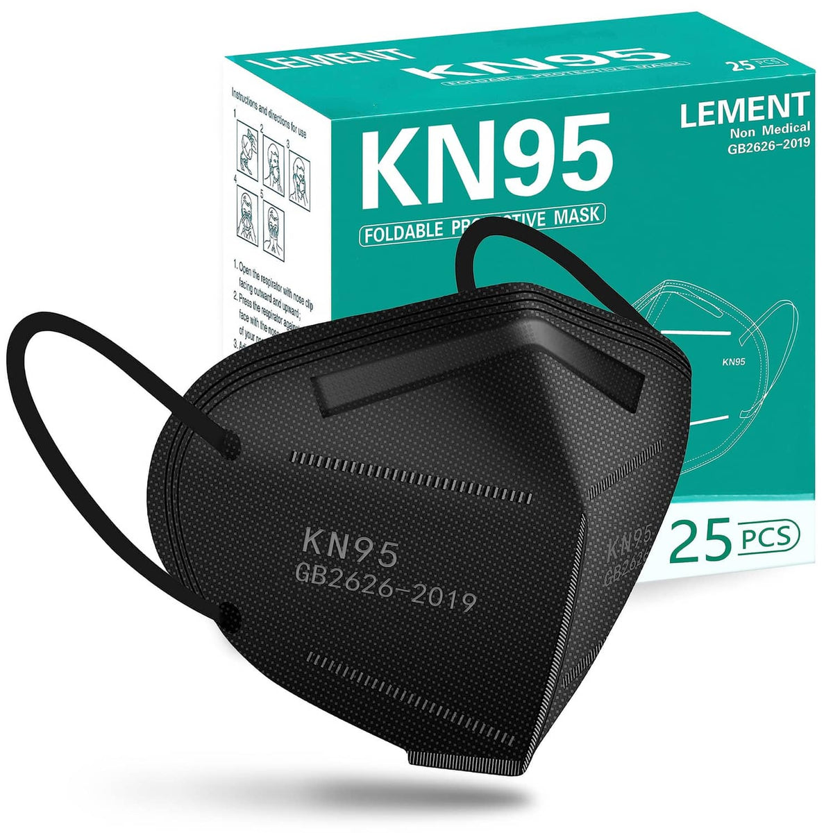 Black KN95 foldable face mask with ear loops, molded 3D cup shape