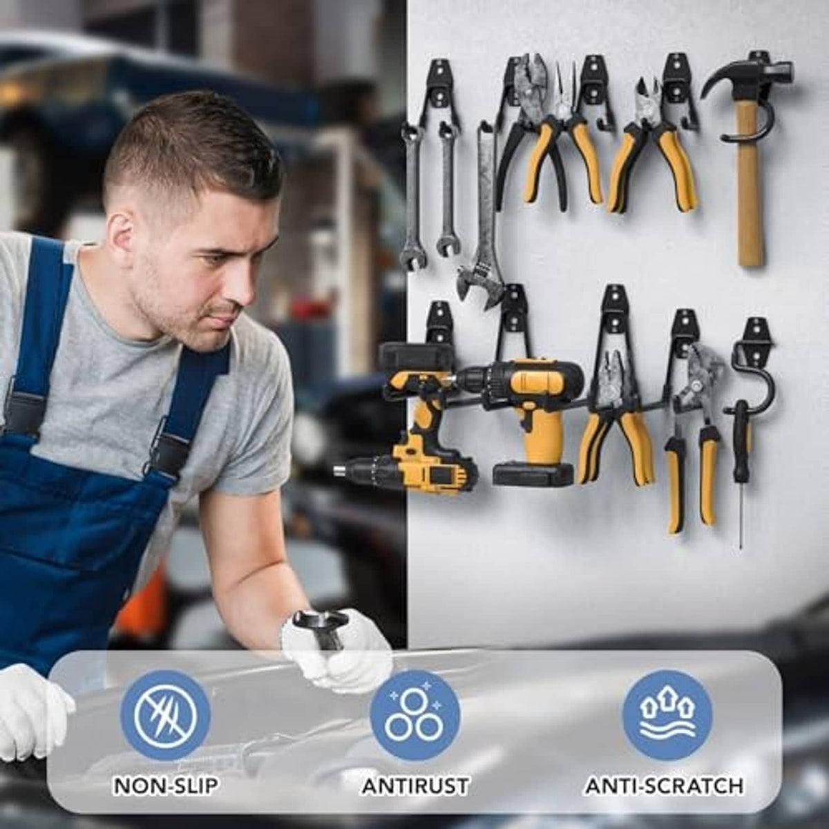 Black garage hooks with tools, featuring non-slip, anti-rust, and anti-scratch design