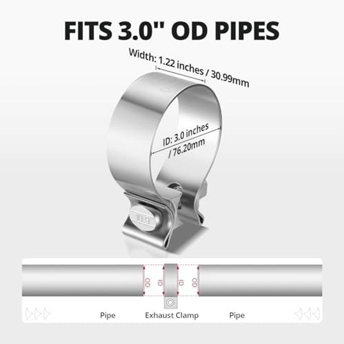 Stainless steel narrow band exhaust clamp for 3-inch OD pipes, with bolt