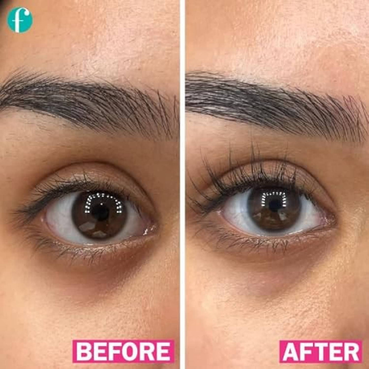 Close-up of eyes showing fuller lashes, before and after comparison