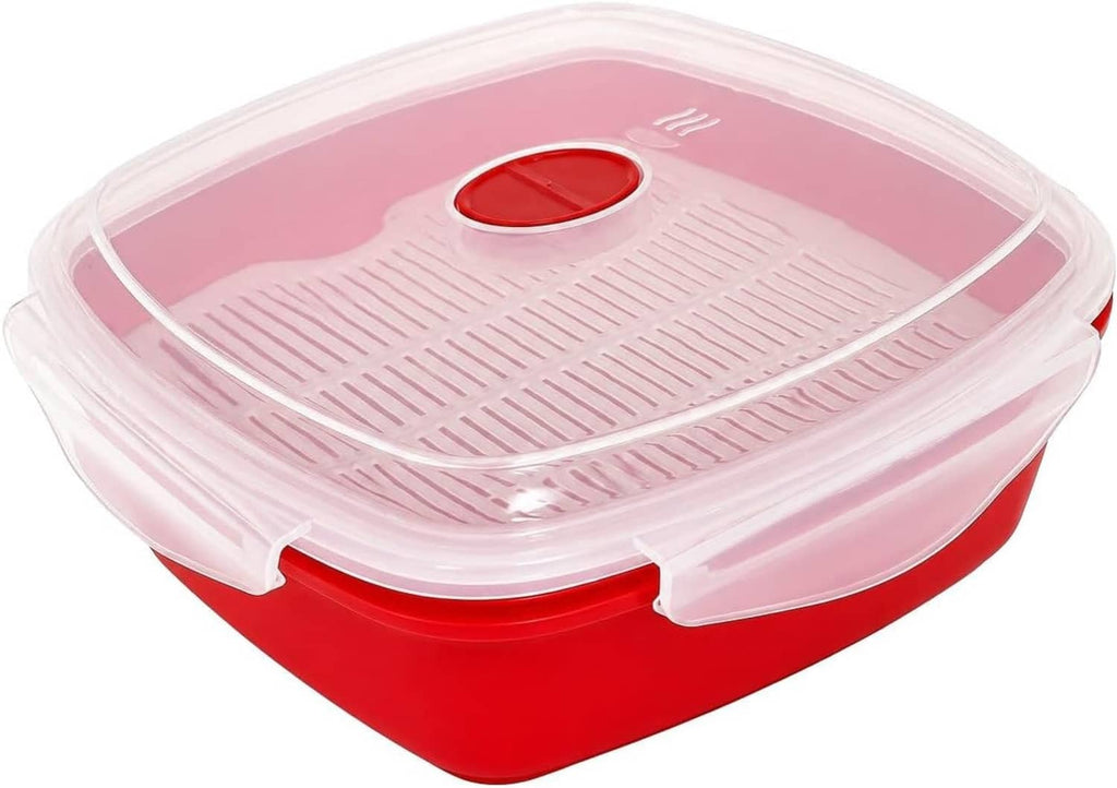 Vented microwave steamer with clear lid and red base, steam vent button on top surface