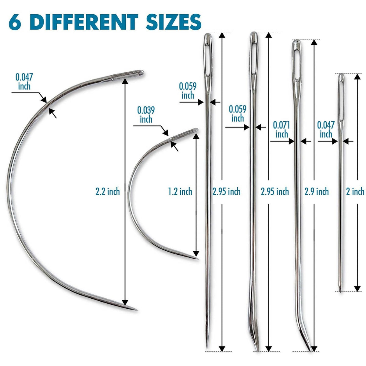 Needle set showing six different needle lengths, long steel needles