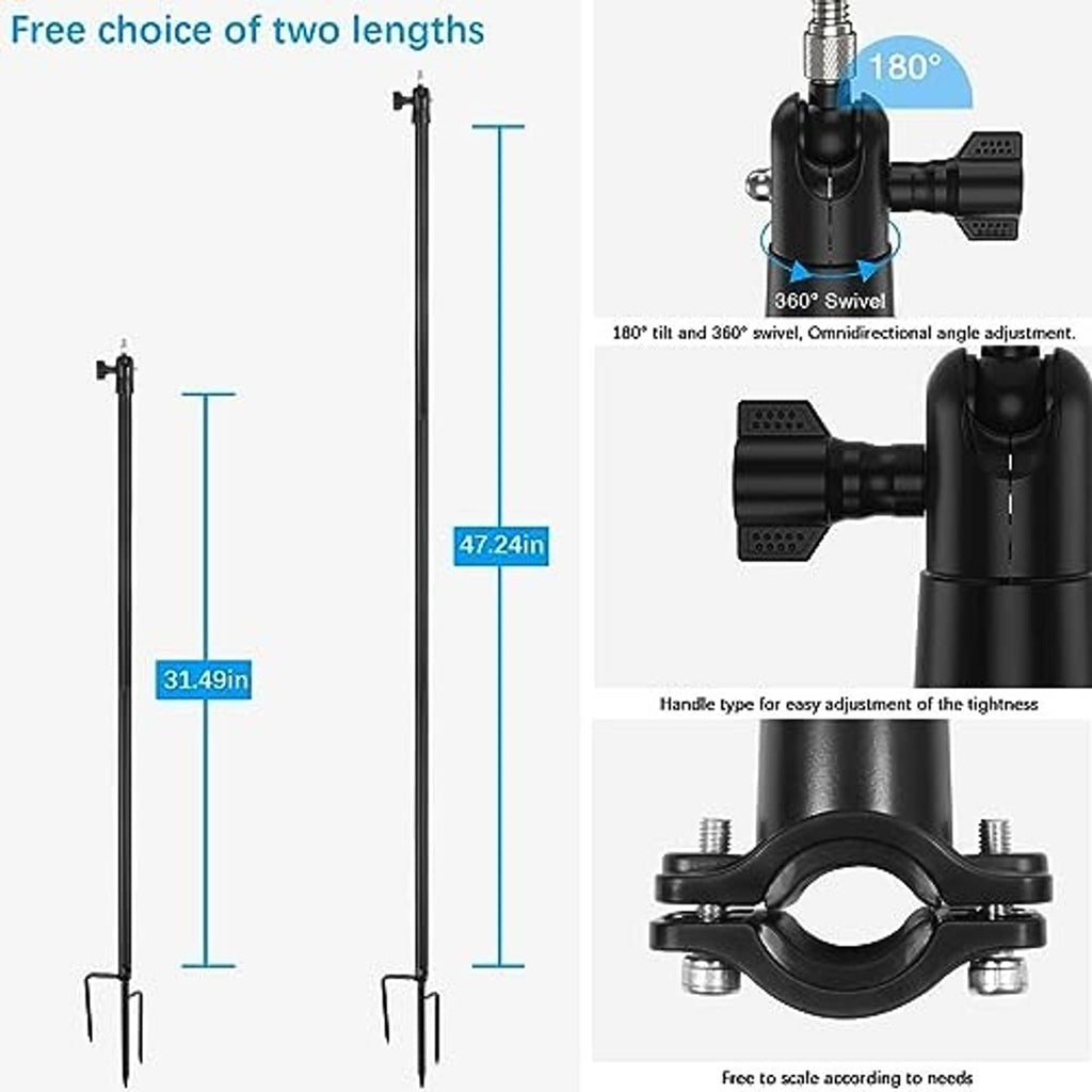 Adjustable ground stake stand showing two pole lengths and 180° swivel joint