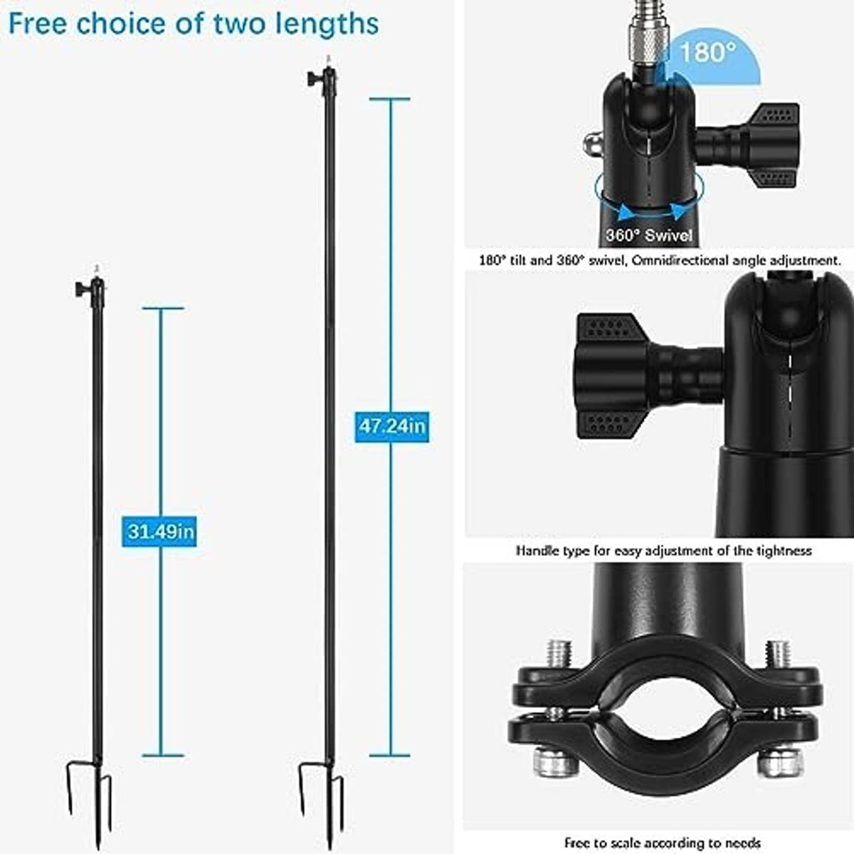 Adjustable ground stake stand showing two pole lengths and 180° swivel joint