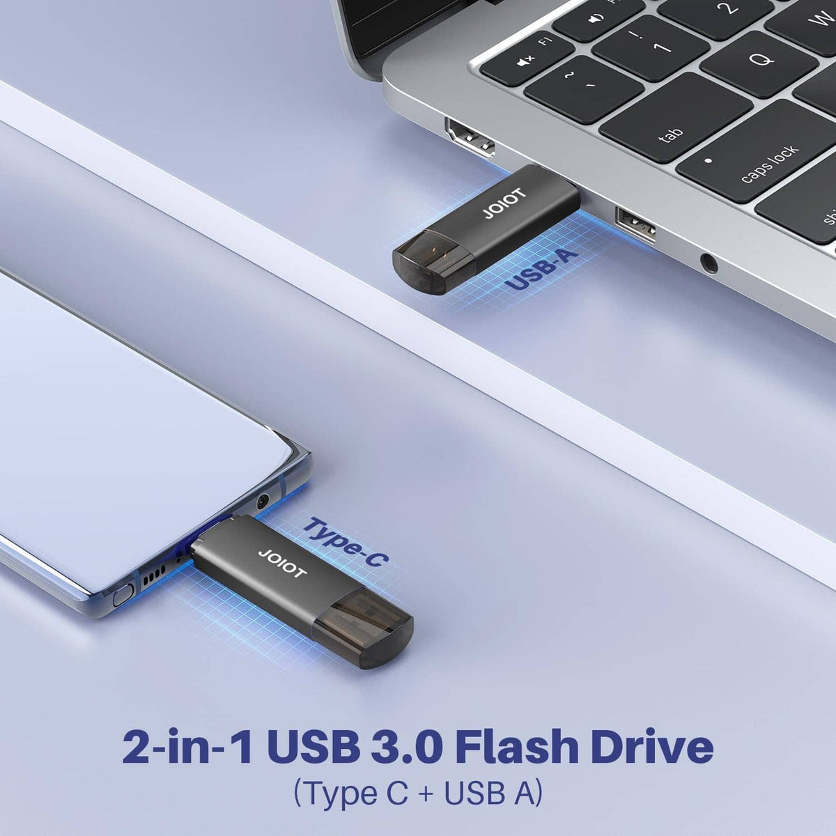 Dual USB flash drive with Type-C plug connected to laptop port
