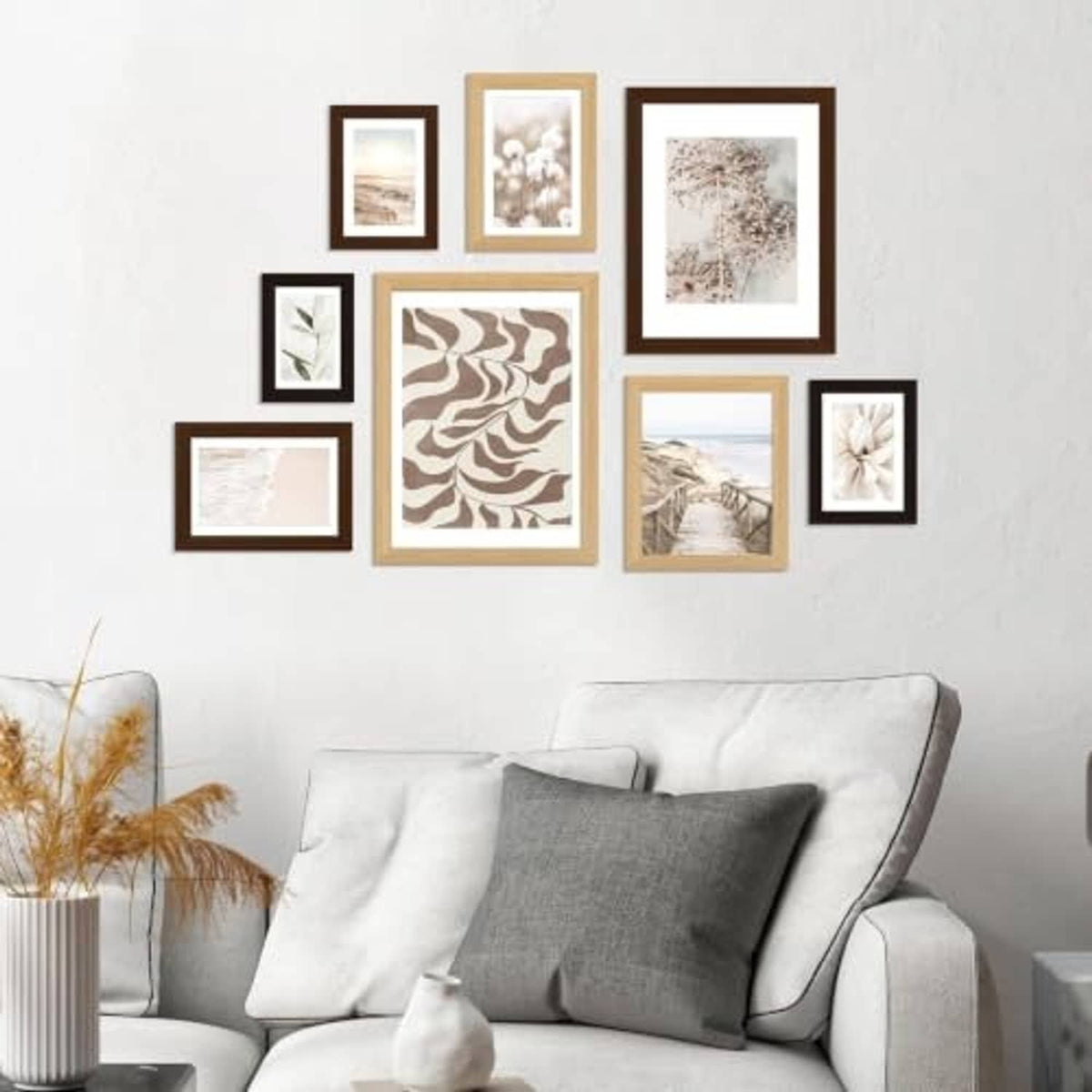 Natural oak 5x8 picture frames gallery on wall with clear glass and photos