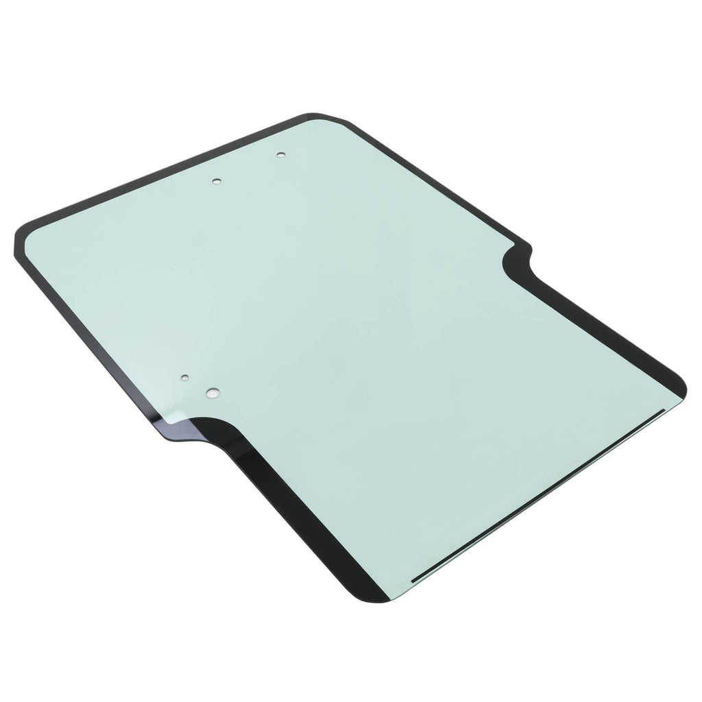 Front door window glass with black frame, light blue tinted panel and small holes