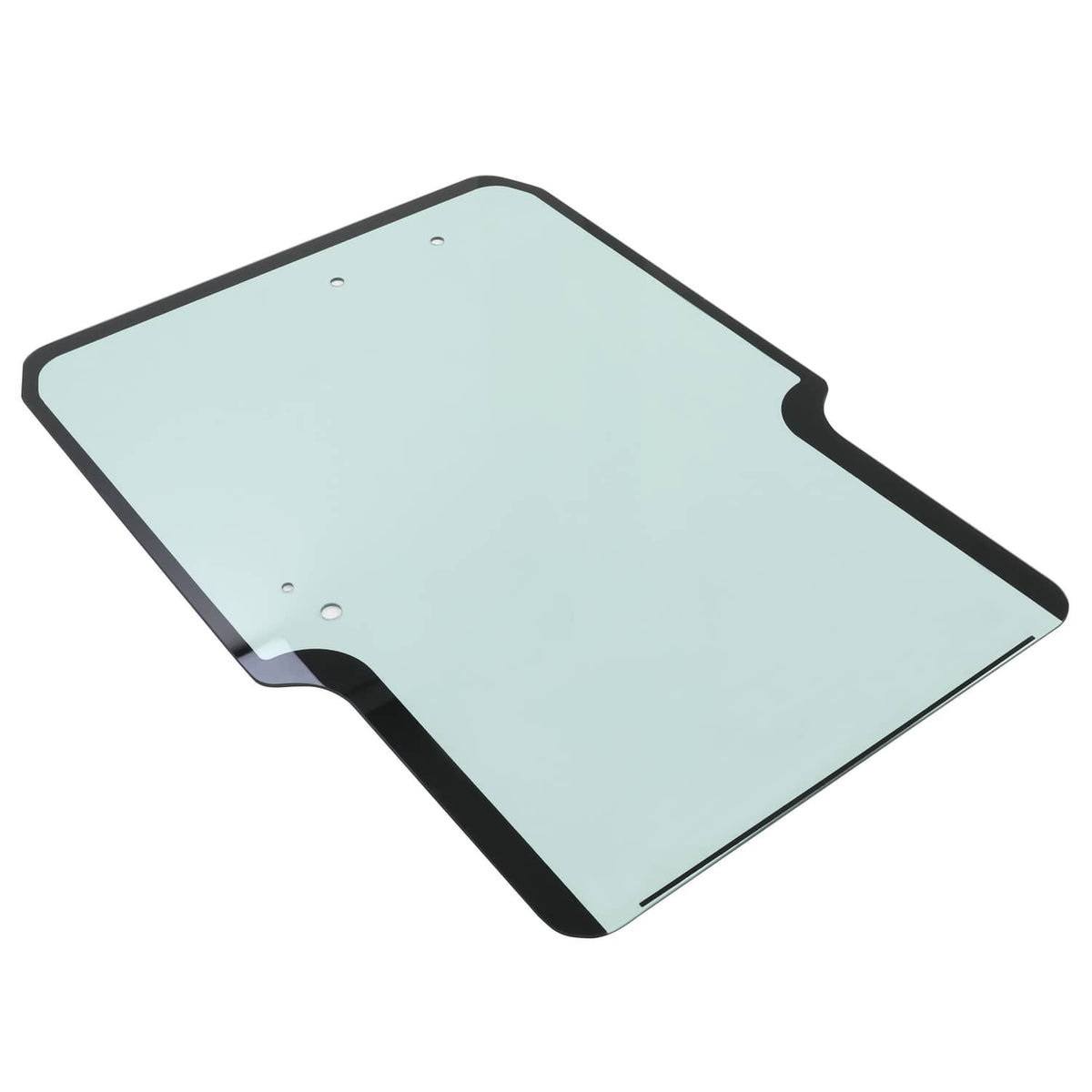 Front door window glass with black frame, light blue tinted panel and small holes