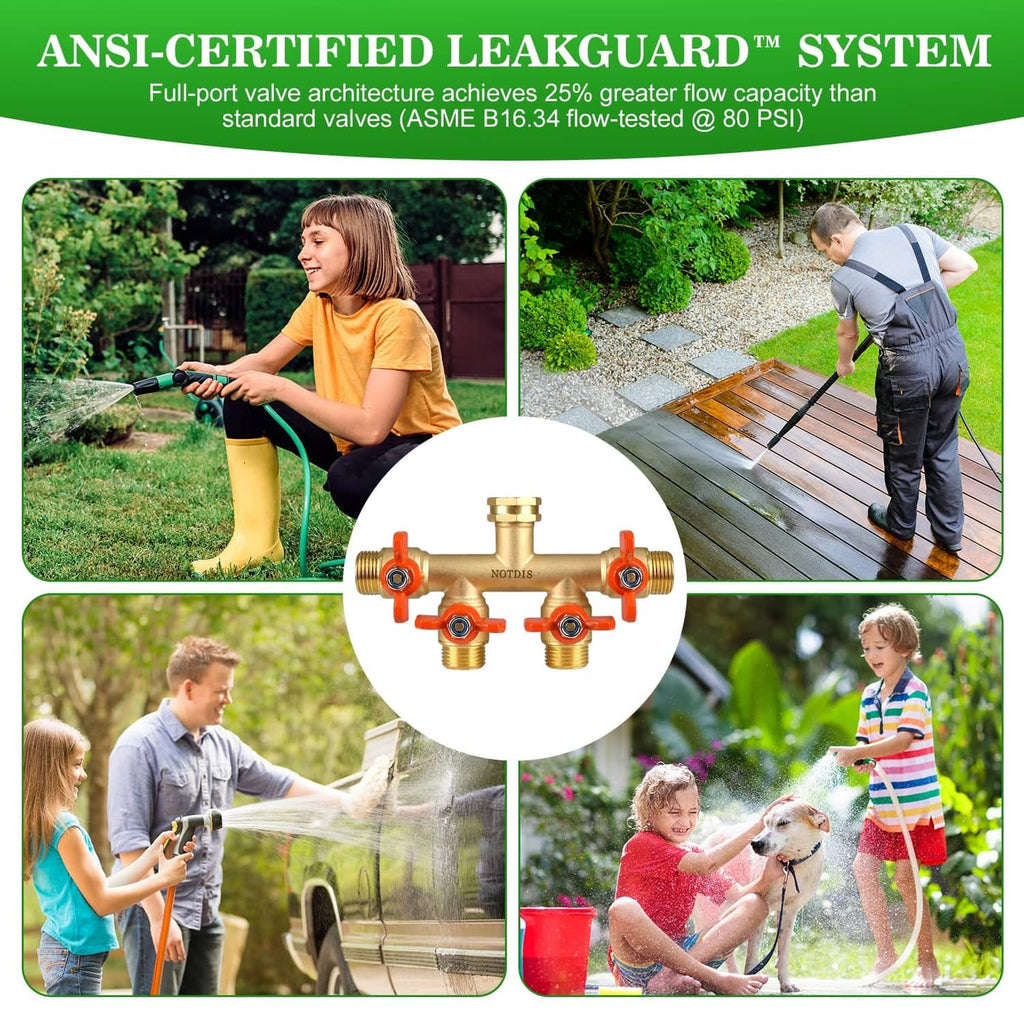 Brass 4-way hose splitter with four orange lever handles and threaded hose connections
