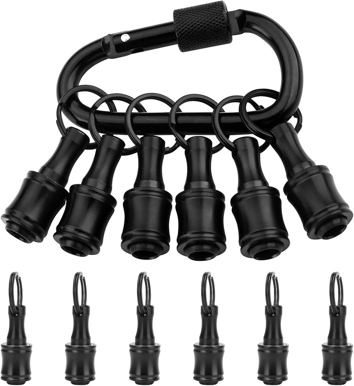 Black 6-socket screwdriver bit keychain with hex shank holders on a carabiner ring