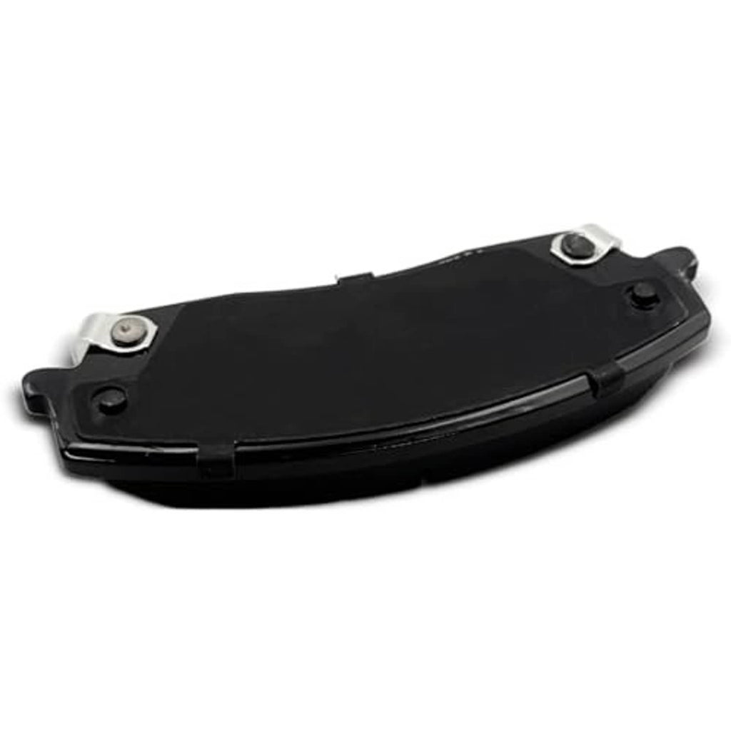 Black-backed brake pad with gray ceramic friction surface and two silver mounting bolts