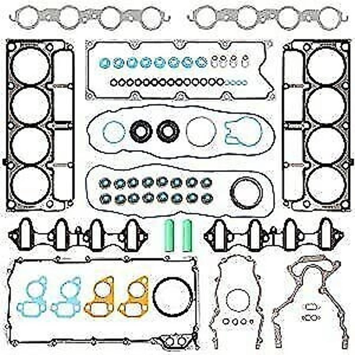 Cylinder head gasket kit with multiple gaskets and seals, plus small metal parts in exploded view