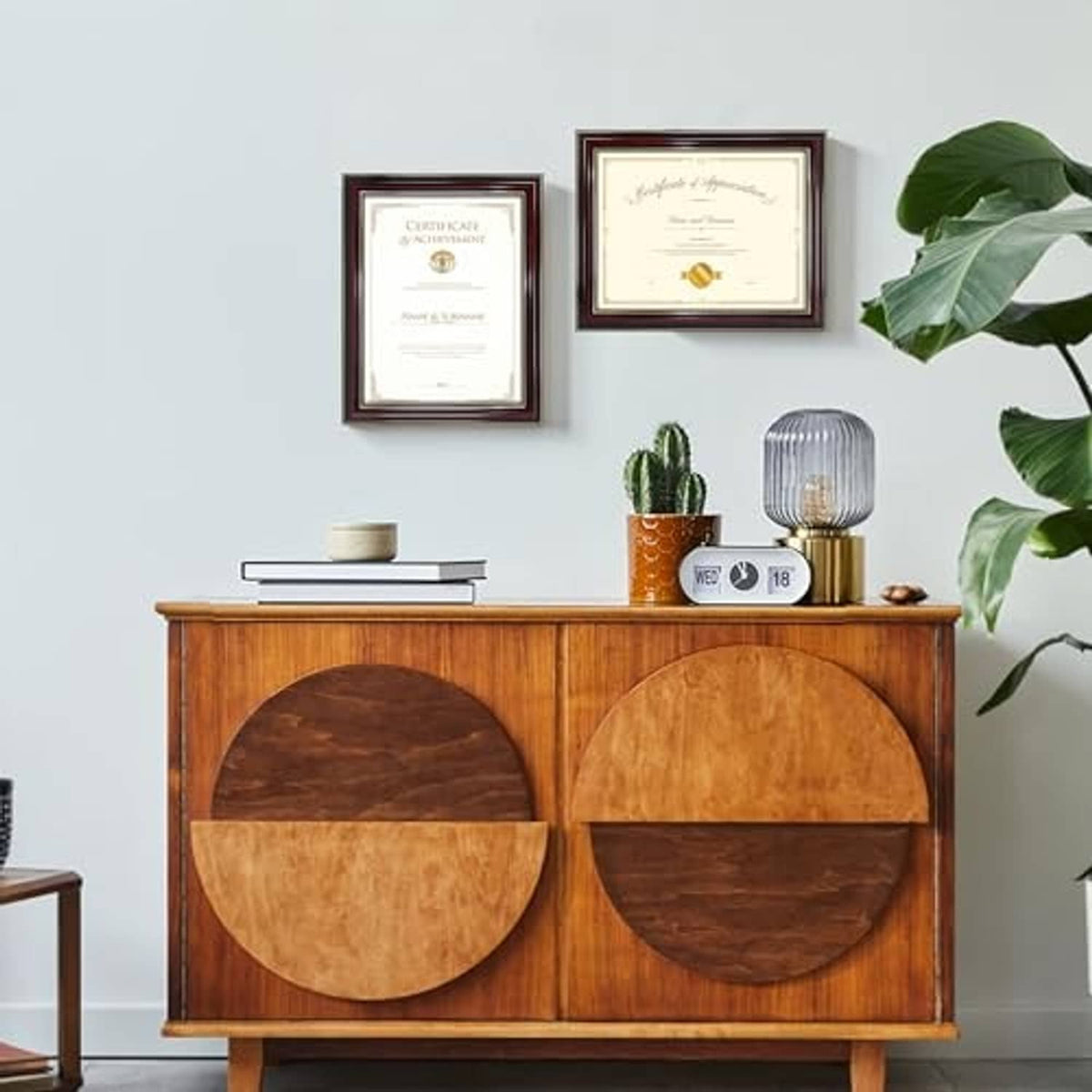 Cherry wood diploma frame set with certificates, small landscape and portrait frames